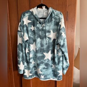 Sew In Love Star Print Hoodie - Teal and White